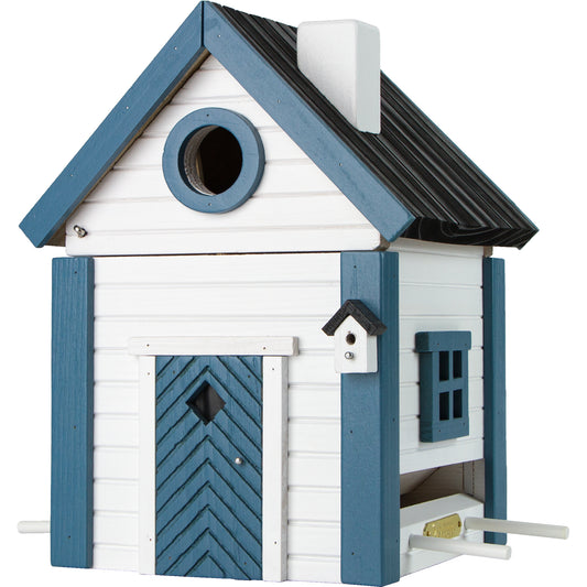 Comedero y nidal pajaros Casa Blanca y Azul